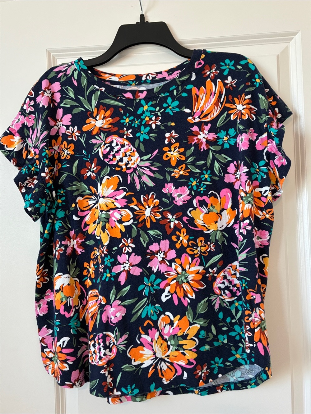 crown & ivy Navy Floral Short Sleeve Tee with Pink, Orange & Teal Blooms